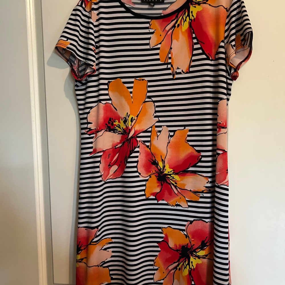 Tiana B. Black and White Striped Dress with Orange Floral 36 inc shoulder to hem